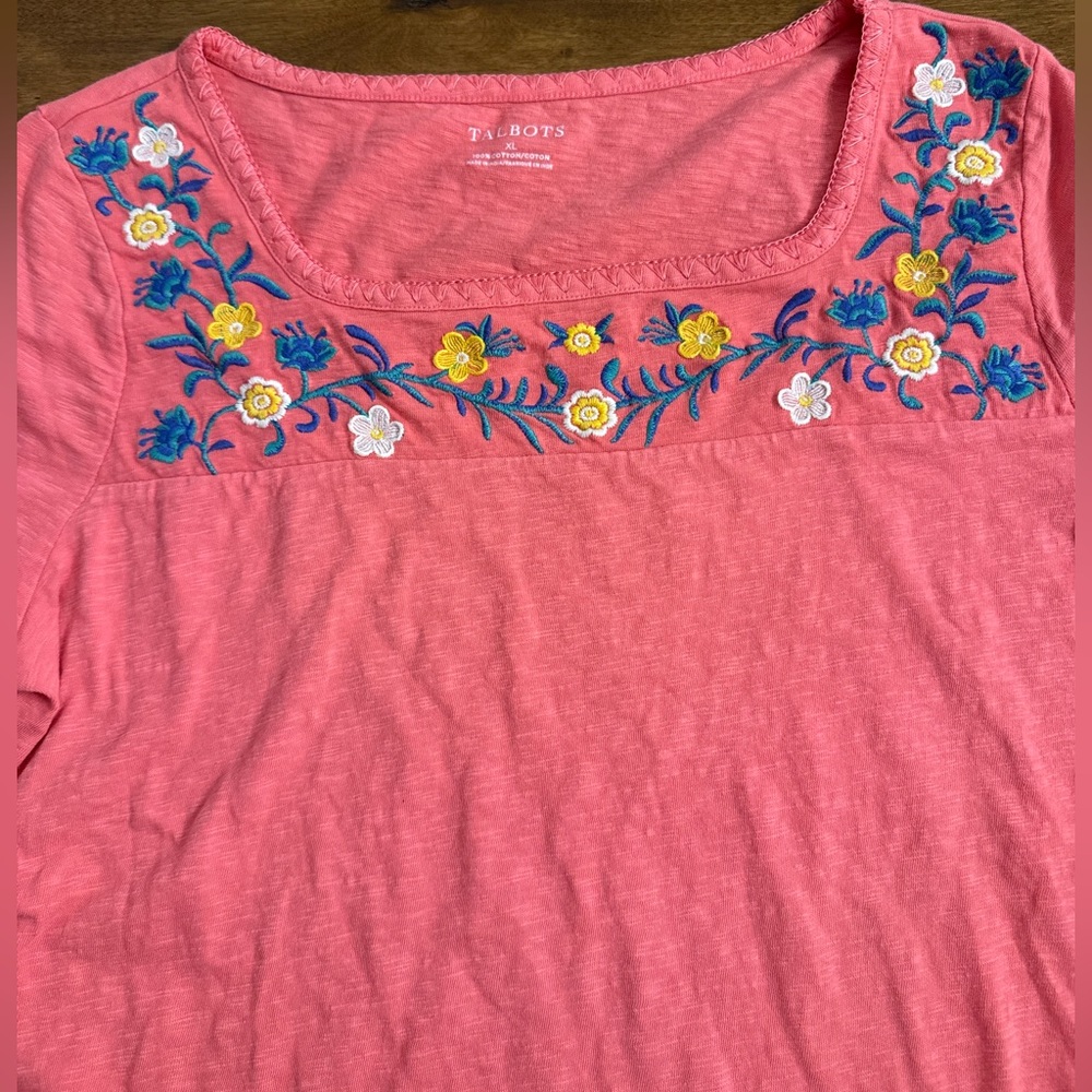 Talbots Pink Blouse with Floral Embroidery